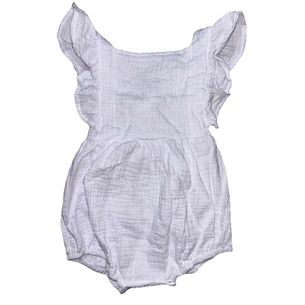 Set of 2 White Gauze Romper Baby Girl Ruffle Sleeve Button Front Bubble outfit